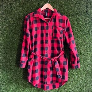 Agnes & Dora Buffalo Check Belted Long Sleeve Button Up Shirt Tunic